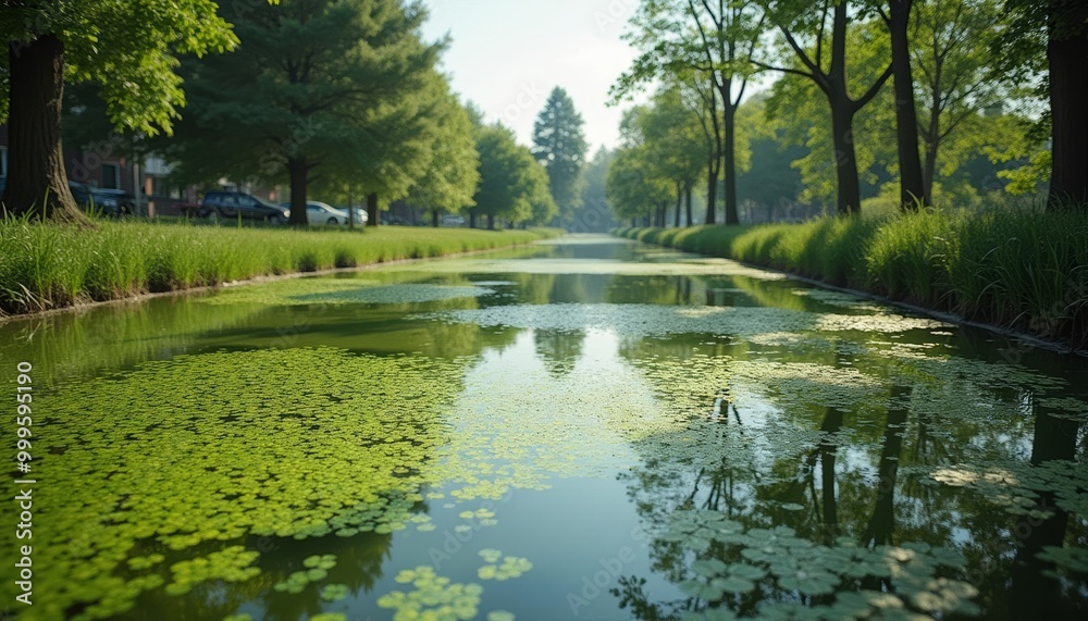 Fototapeta premium Peaceful park scene with a serene pond and lush greenery