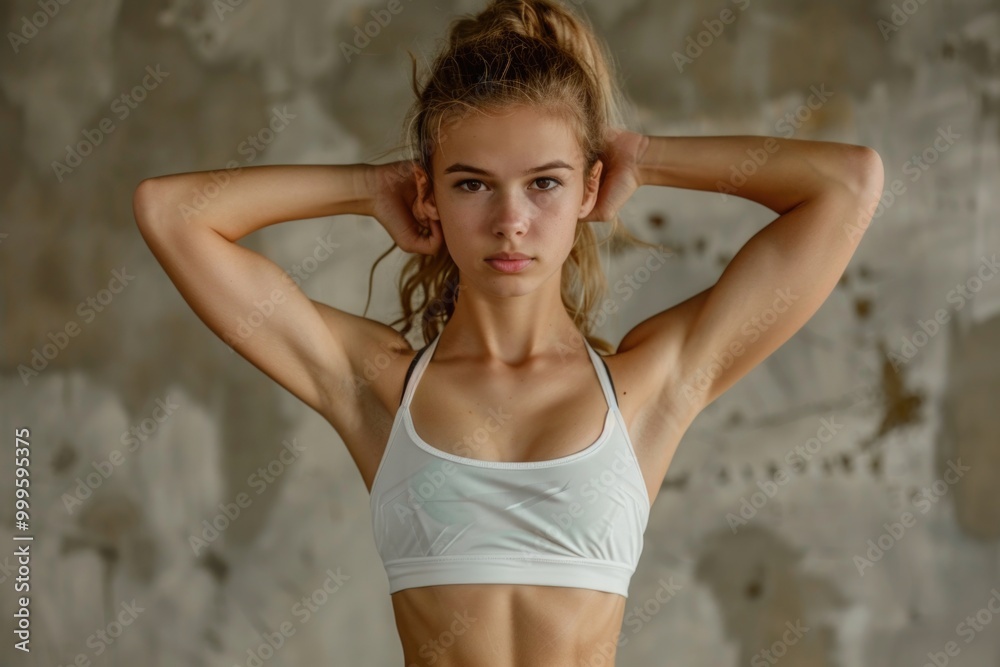 A fit young woman wearing a white sports bra and athletic shorts, likely preparing for a workout or competition