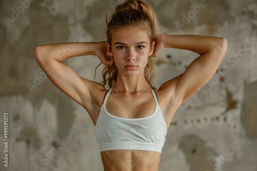 A fit young woman wearing a white sports bra and athletic shorts, likely preparing for a workout or competition