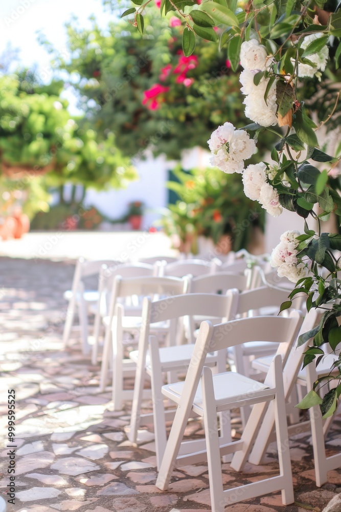Row of folding chairs on cobblestone floor, versatile image for various settings and themes Row of folding chairs on cobblestone floor, versatile image for various settings and themes