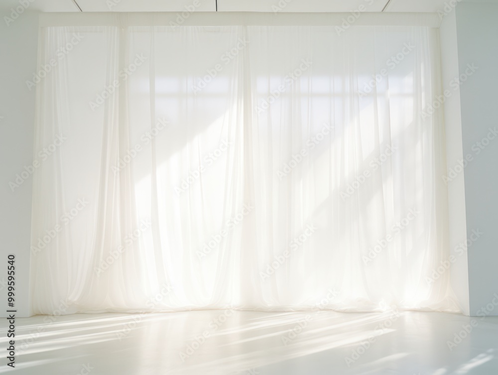 a front view white wall with sheer white long curtains and soft light coming through window background a front view white wall with sheer white long curtains and soft light coming through window background