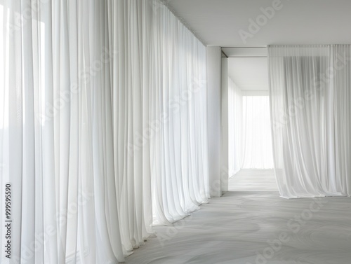 apartment white wall room with sheer long white curtains and soft light coming through