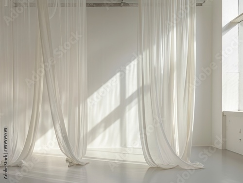 apartment white wall room with sheer long white curtains and soft light coming through sunlight