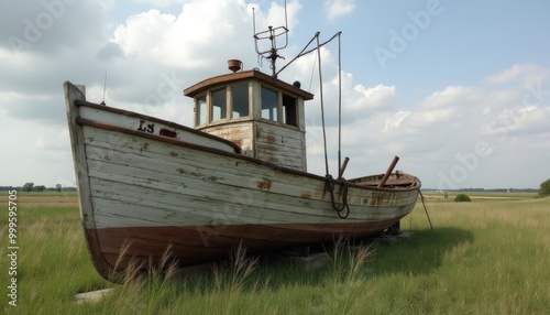  Abandoned boat in the grassy field waiting for the sea