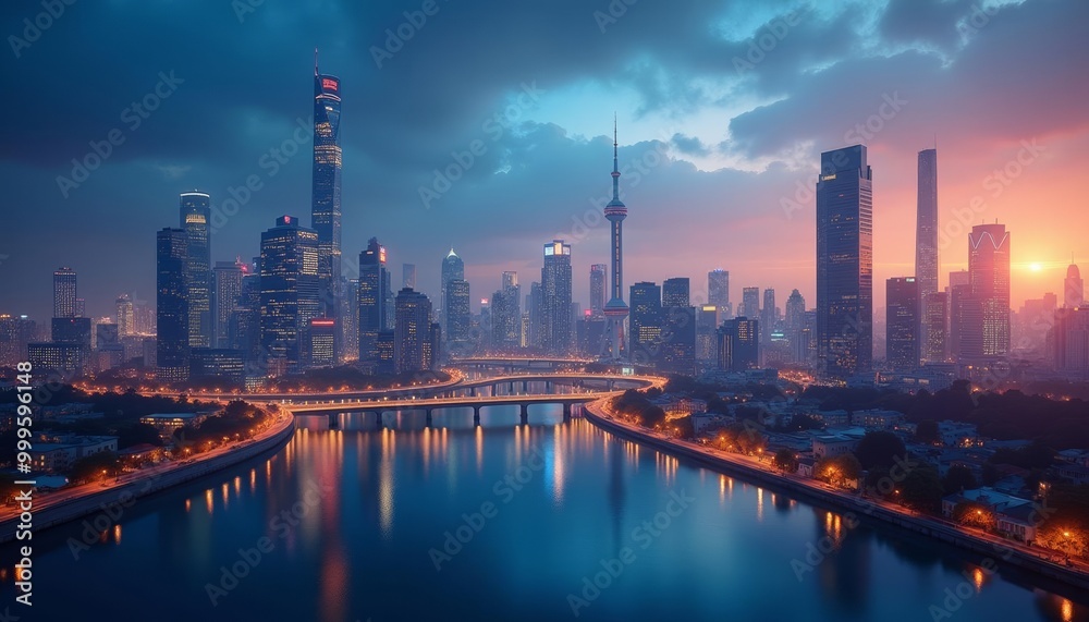 Obraz premium Cityscape at dusk illuminated by the glow of the setting sun