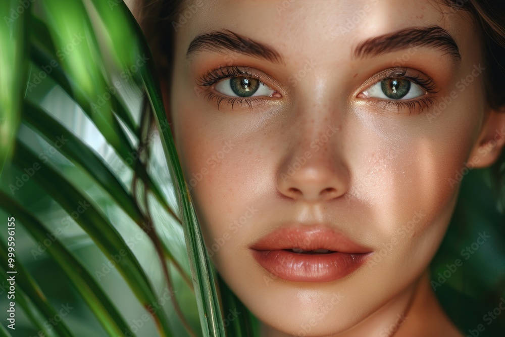 A close-up portrait of a woman's face next to a leaf, simple and intimate composition A close-up portrait of a woman's face next to a leaf, simple and intimate composition
