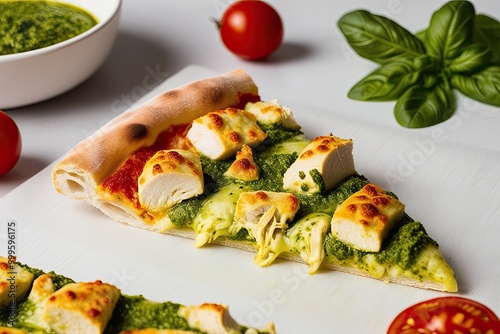 Delicious Pesto Chicken Pizza Slice on Fresh White Background