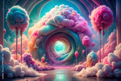 Vibrant cotton candy swirling around a mystical portal, transporting viewers to a sweet and whimsical world