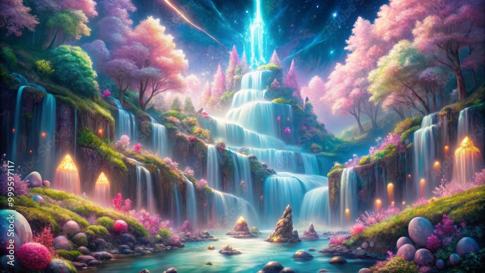 Obraz premium A cotton candy waterfall cascading down a sparkling crystal mountain, surrounded by frolicking faeries