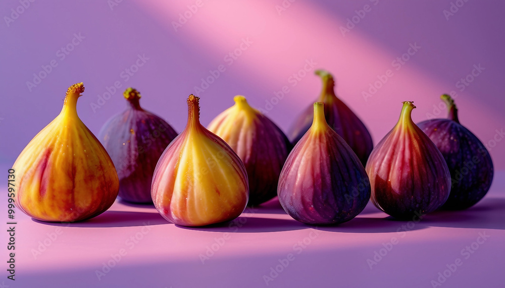 Fototapeta premium Six ripe figs in varying shades of purple, yellow, and red arranged randomly on a pastel purple