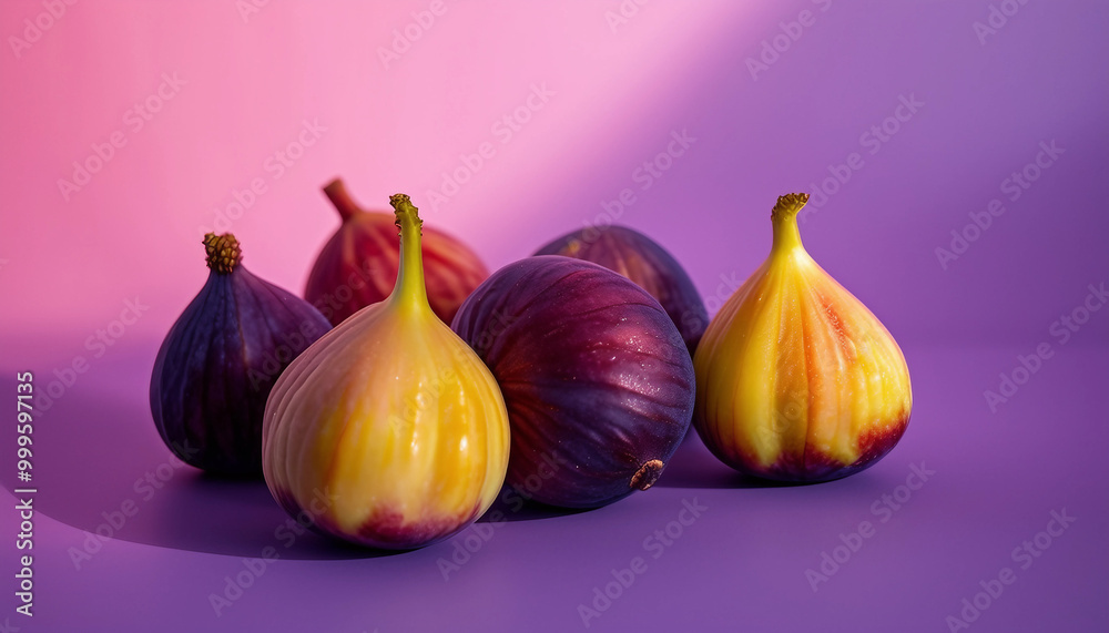 Fototapeta premium Six ripe figs in varying shades of purple, yellow, and red arranged randomly on a pastel purple