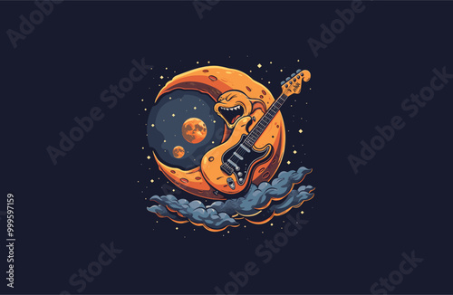Guitar moon logo vector icon illustration style