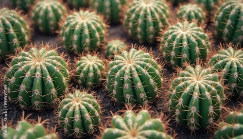 A detailed close-up of round green cacti growing in a desert garden, emphasizing the natural texture and resilience of these hardy plants.