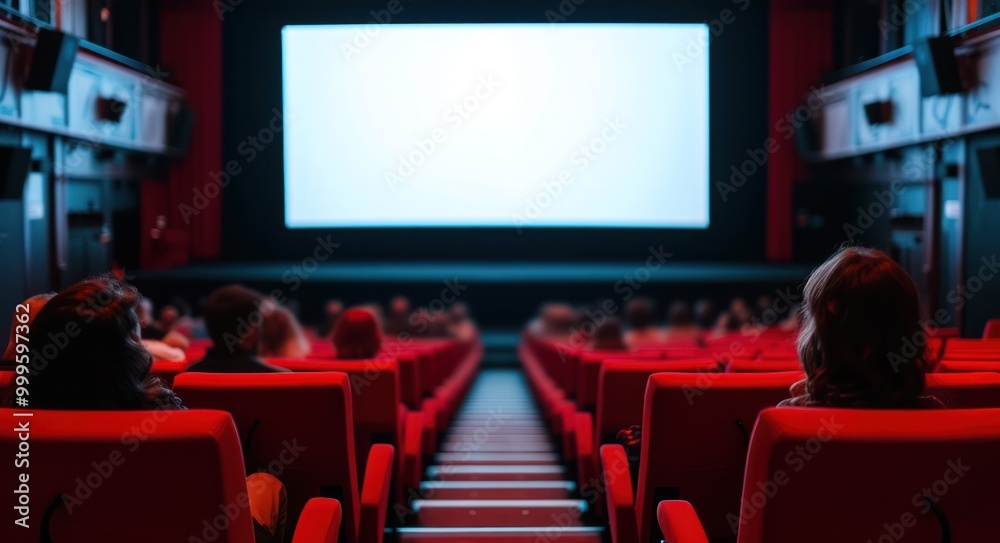 Cinema blank wide screen and people in red chairs in the cinema hall row of walk way Cinema blank wide screen and people in red chairs in the cinema hall row of walk way