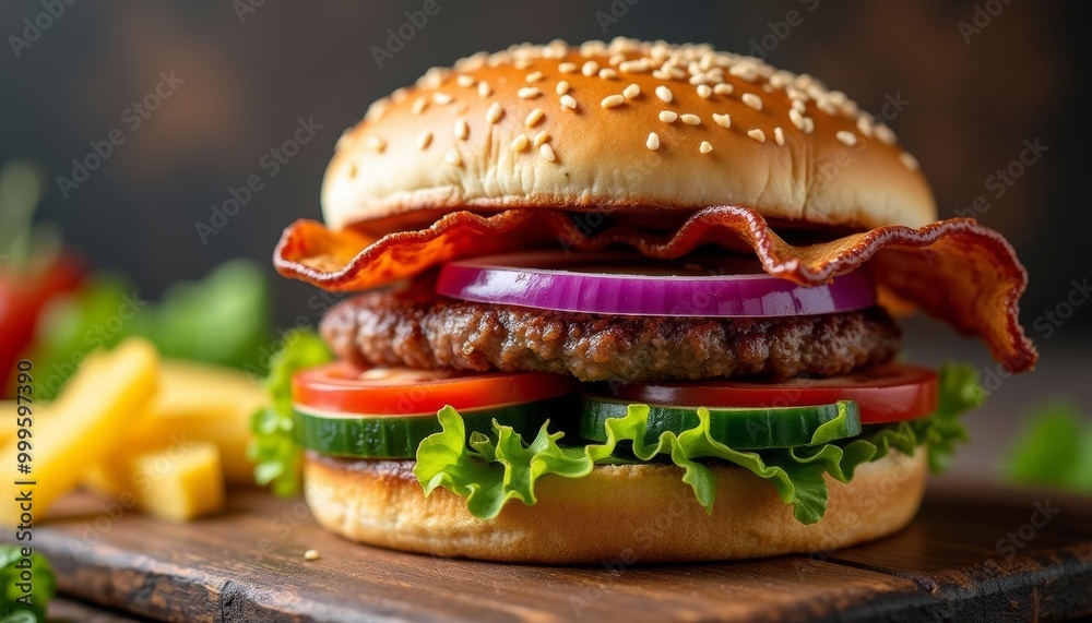 Deliciously stacked A mouthwatering burger feast Deliciously stacked A mouthwatering burger feast