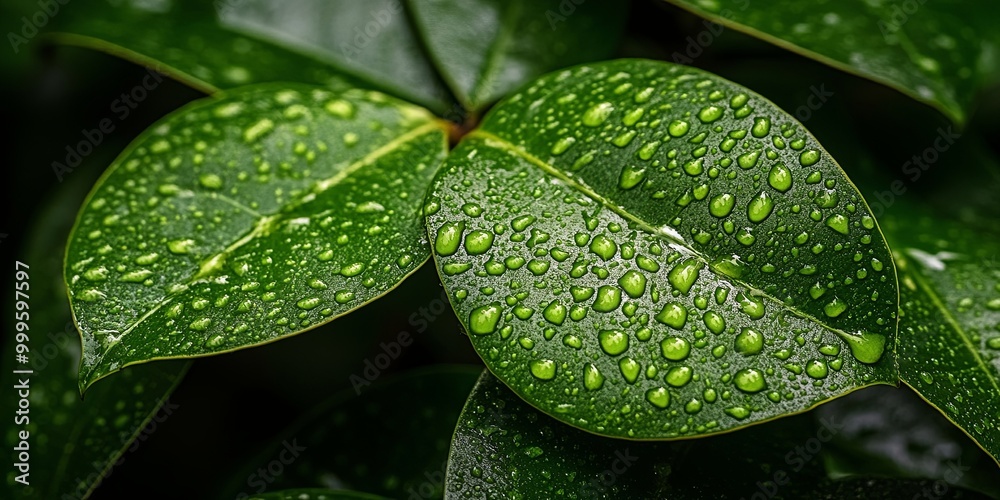 Fototapeta premium Water droplets cling to lush green leaves, a symphony of nature's beauty in a close-up shot.