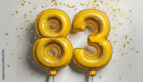 Yellow birthday / anniversary balloon, number 83, white background with confetti photo