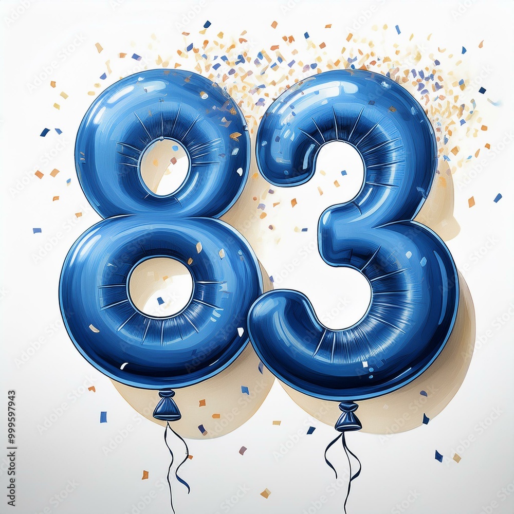 Obraz premium Blue birthday / anniversary balloon, number 83, white background with confetti