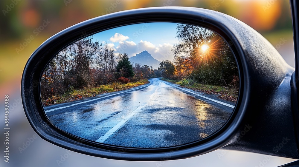 A Winding Road Reflects in the Rearview Mirror, Capturing the Autumnal Colors of the Trees and a Distant Mountain Peak bathed in the Golden Light of the Setting Sun. A Winding Road Reflects in the Rearview Mirror, Capturing the Autumnal Colors of the Trees and a Distant Mountain Peak bathed in the Golden Light of the Setting Sun.