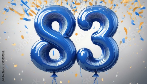 Blue birthday / anniversary balloon, number 83, white background with confetti photo