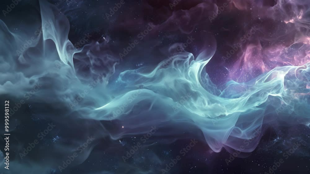 An Video featuring an abstract blue and purple background with stars scattered throughout, A fantasy visualization of how soundwaves from a podcast travel through the ether