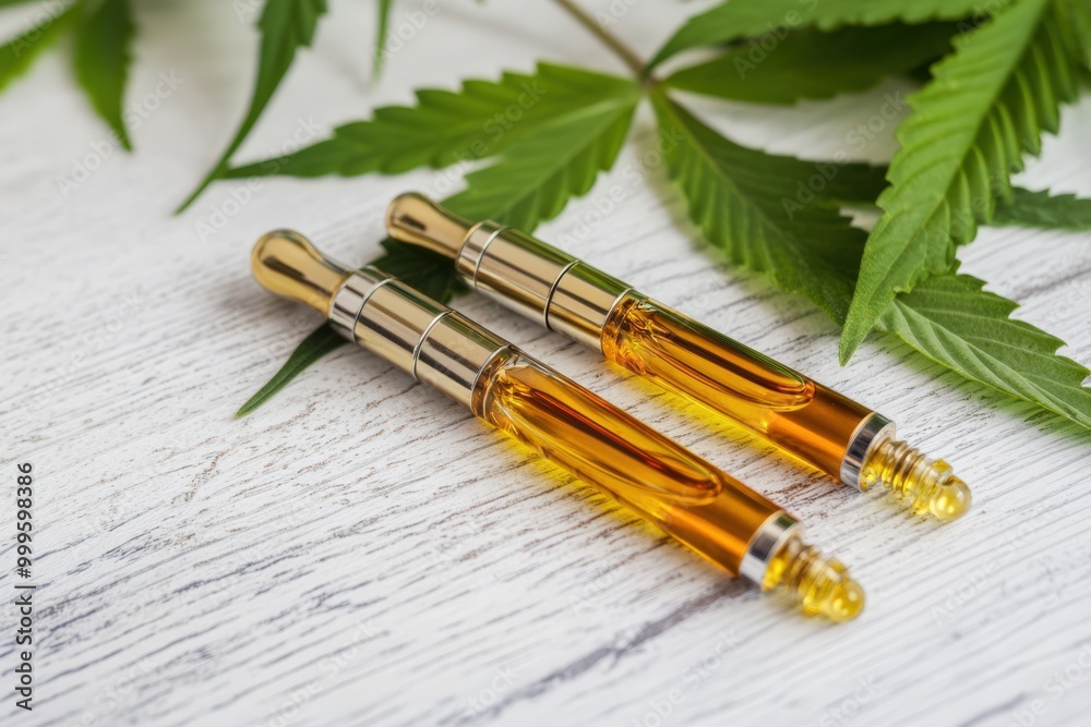 Vape Pens with Cannabis Leaf. Close-up of THC/CBD Vape Pens on White Wooden Table Vape Pens with Cannabis Leaf. Close-up of THC/CBD Vape Pens on White Wooden Table
