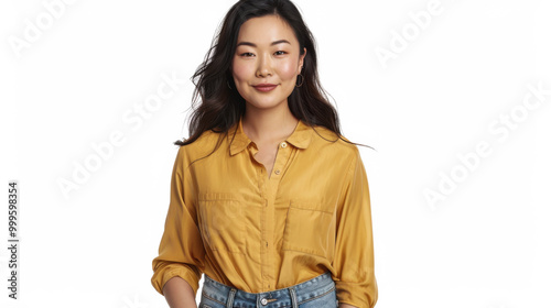 A woman wearing a yellow blouse smiles warmly while posing against a plain gray background in a casual indoor setting photo