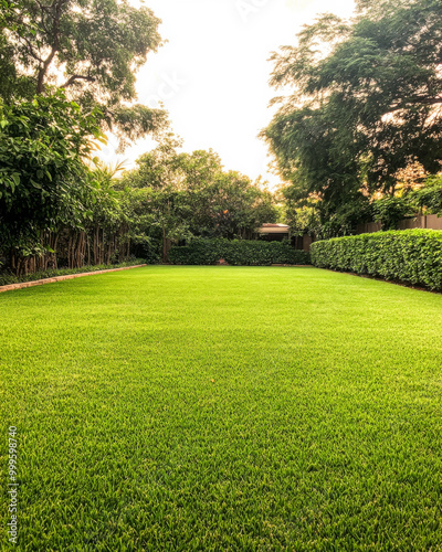 A lush green lawn surrounded by trees and shrubs during a serene evening in a residential garden