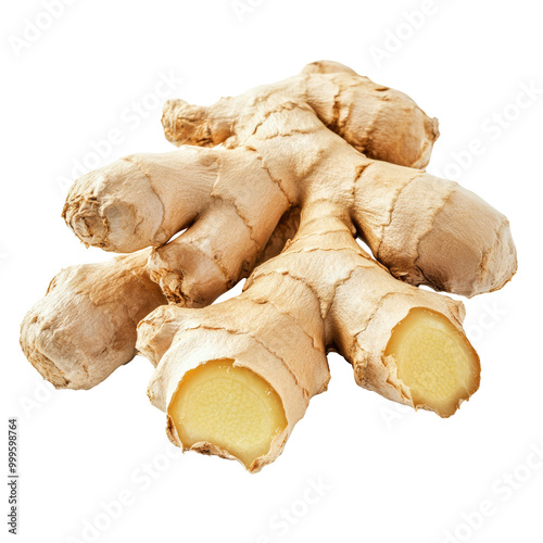 Fresh ginger root or rhizome isolated on a transparent background, png cutout photo