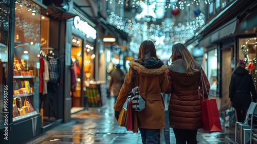 Group of women enjoying a shopping spree at a modern mall with colorful bags and excited expressions