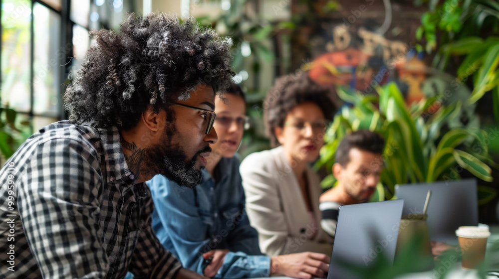 Group of diverse professionals collaborating in a cozy workspace surrounded by plants during a brainstorming session Group of diverse professionals collaborating in a cozy workspace surrounded by plants during a brainstorming session