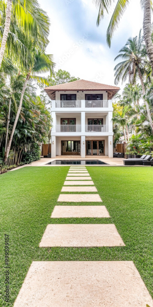 Modern tropical villa with palm trees and landscaped lawn in a serene setting surrounded by nature on a bright day Modern tropical villa with palm trees and landscaped lawn in a serene setting surrounded by nature on a bright day