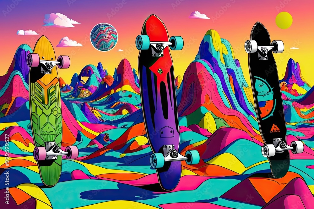 Obraz premium Vibrant Skateboard Adventure in Surreal Colorful Landscape Graphic Illustration