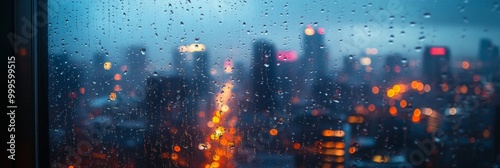 Urban Rainfall Reflections, glistening droplets on glass, a softened skyline emerges, evoking a tranquil city ambiance.