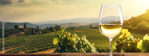 Wine glass with white wine and vineyard landscape farmland