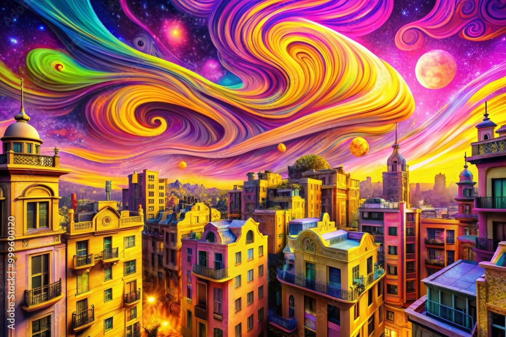 Obraz premium A surreal, dreamlike cityscape where buildings and streets seem to blend seamlessly with vibrant, swirling patterns that shift from bright magenta to neon yellow.
