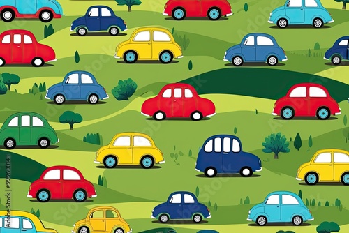 Vibrant Landscape Art Featuring Quirky Cars in a Whimsical Style