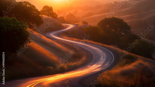 An inspiring landscape featuring a winding road illuminated by the soft glow of a sunrise, symbolizing new opportunities and fresh starts. The scene captures the sun breaking through the horizon, 