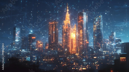 Wallpaper Mural Modern city with wireless network connection and city scape concept.Wireless network and Connection technology concept with city background at night.  Torontodigital.ca