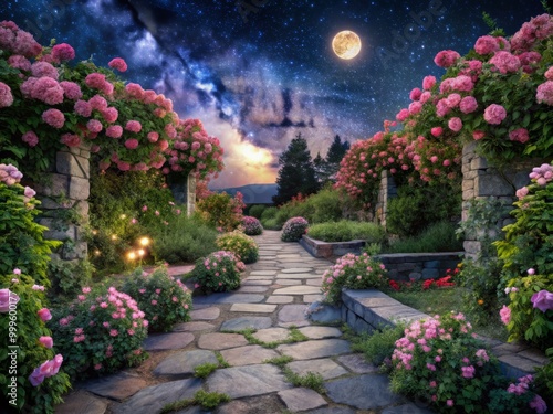 Moonlit gardens, where delicate blush pink flowers bloom amidst a labyrinth of slate gray stone paths and twisted vines, under a sky filled with sparkling stars. photo