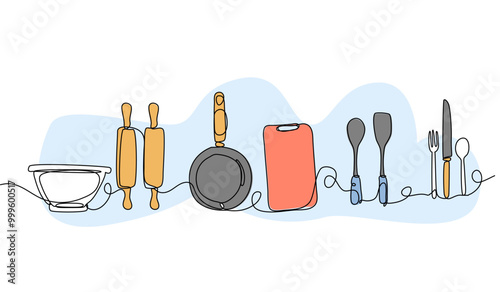 Vector illustration of cooking equipment. Modern flat in continuous line style.