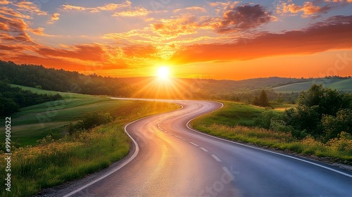 A breathtaking view of a bright sunrise casting warm, golden light over a winding road that stretches into the distance. The road is flanked by lush greenery and gentle hills, creating a picturesque 