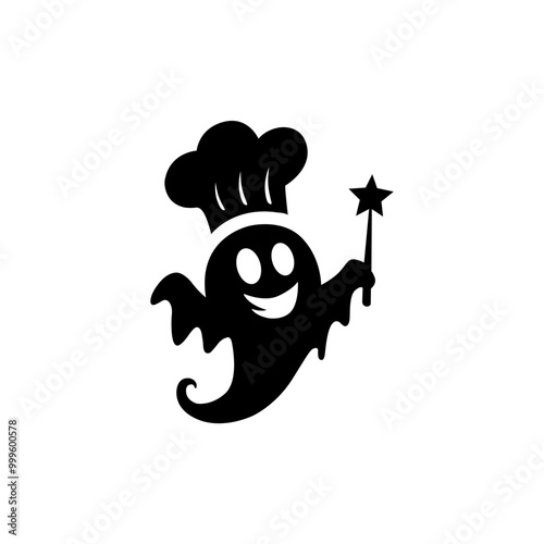 Smiling cartoon ghost wearing a chef's hat and holding a magic wand