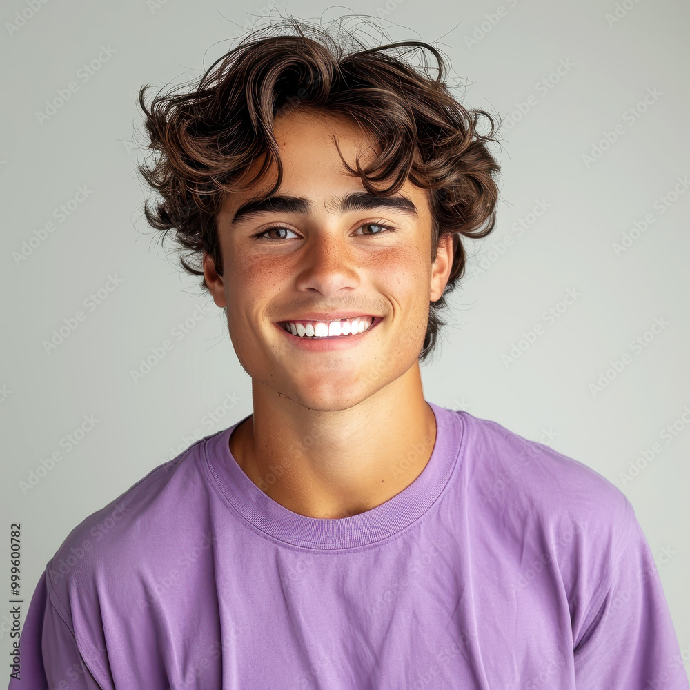 Portrait of a smiling dark brown-haired teenage male wearing a purple shirt, exuding happiness and youthful energy Portrait of a smiling dark brown-haired teenage male wearing a purple shirt, exuding happiness and youthful energy