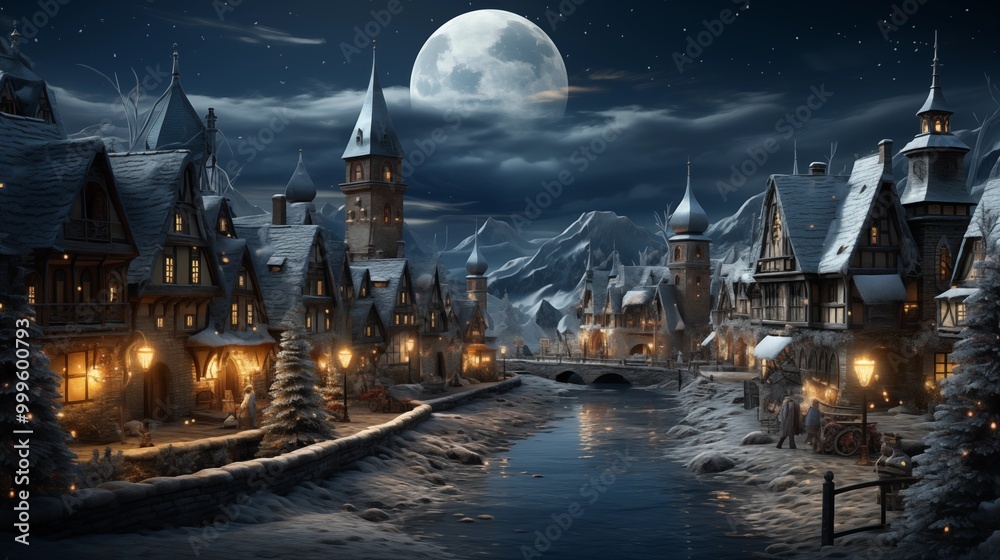 Obraz premium Christmas village with Snow with horse car in night time lighting .