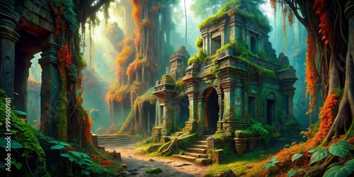 Ancient, crumbling ruins hidden deep within a mystical rainforest, where vines and mosses in shades of aqua and coral orange have reclaimed the structures as their own.