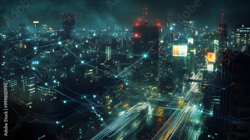 Modern city with wireless network connection and city scape concept.Wireless network and Connection technology concept with city background at night. 
