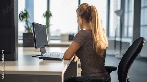 Young Woman Working on Laptop in Modern Office