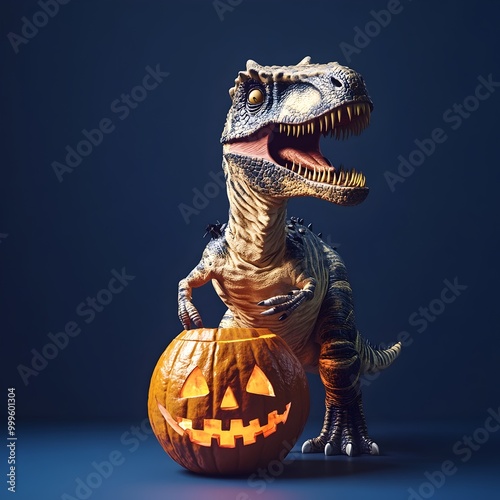 Spooky Dinosaur on Halloween Themed Pumpkin in Dark Blue Background