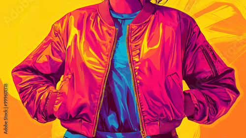 A person wearing a bright red bomber jacket with a yellow gold zipper. photo